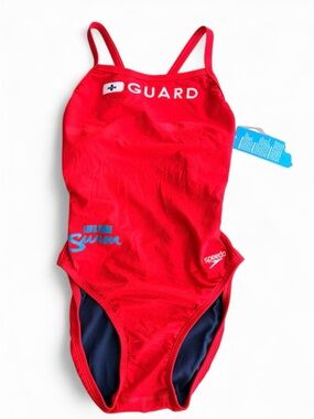 Speedo Women’s 8/34 Red 'Guard' One-Piece Swim Suit with Blue Accents